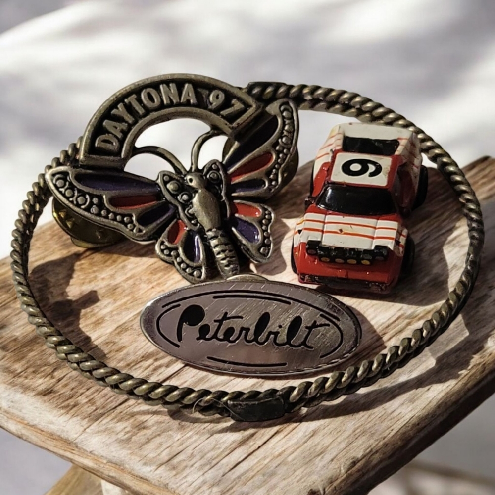 Vtg 80's Daytona Butterfly Biker Trucker Peterbilt Pin Ferrari Toy Car Bracelet